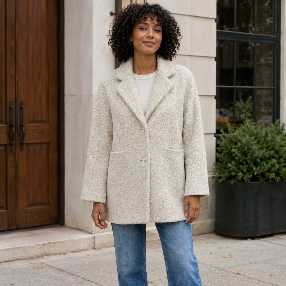 Marine Layer Teddy Coat Women's M Ivory Boucle Sherpa Button Front Jacket - Picture 1 of 7